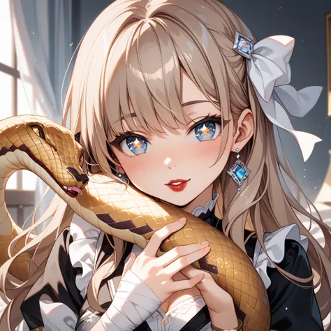 4K、   1 girl、   light brown hair 、   fluffy long hair 、  Provocative eyes  、   red lips、𝖧𝖺𝗉𝗉𝗒 𝖭𝖾𝗐 𝖸𝖾𝖺𝗋、  white ribbon clothes blush  , gray icon  ,  Sparkling Eyes,  fantasy、   glitter effect   , cute eyed snake golden snake wraps around arm