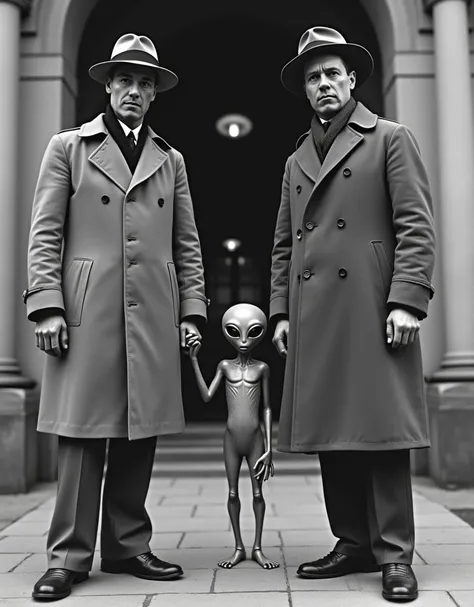 Two men wearing trench coats, hats and scarves, little grey alien, Two men wearing trench coats and hats stand side by side holding hands with an alien, grey alien in the middle, extraterrestrial life form, captured alien In front of the building. Two men ...