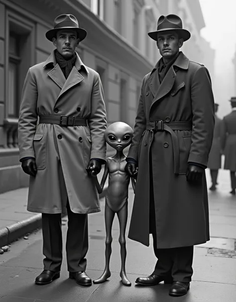 Two men wearing trench coats, hats and scarves, little grey alien, Two men wearing trench coats and hats stand side by side holding hands with an alien, grey alien in the middle, extraterrestrial life form, captured alien In front of the building. Two men ...