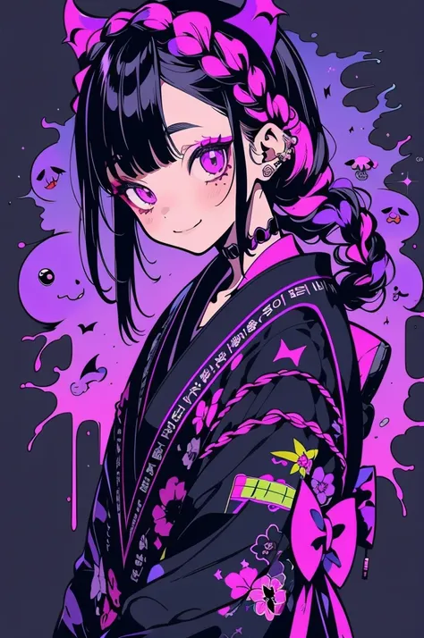 ( top quality )Demonic anime girl,Braided black hair，Droopy eyes, Japanese sailor suit ,length, half up,baby purple color background, smile