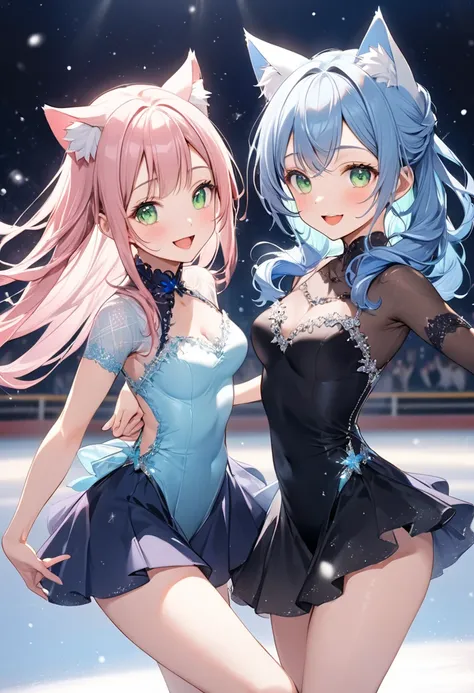 2 girls Holding hands, (Each girl has a unique appearance). BREAK. (first woman is pretty), (beautiful pink hair, beautiful green eyes, beautiful eyes, long hair, cat ears). BREAK. (another second girl is human, vivid blue hair, forehead:1.4, long hair, no...