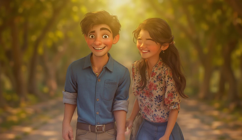 a couple in their late 20s can be seen smirking and laughing. The man has neatly combed brown hair, wearing a blue casual shirt and khaki pants, while the woman has long wavy dark brown hair tied loosely, wearing a floral top and a denim skirt. tree-lined ...