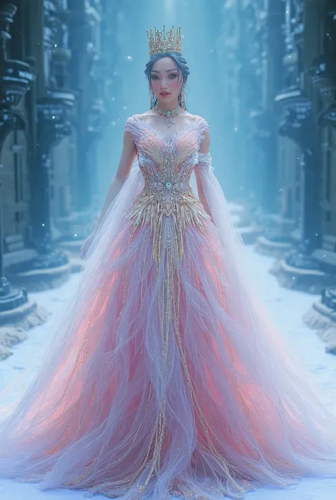 Queen big ball gown flaunting ethereal unique design and color fur gown winter stone ornament 