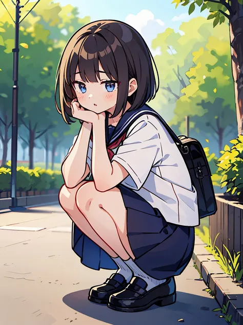 (masterpiece, best quality), 1girl, solo, outdoors , parted lips, black hair, bob cut, serafuku, brown hair, depth of field , standard height, bag,  squatting, look down