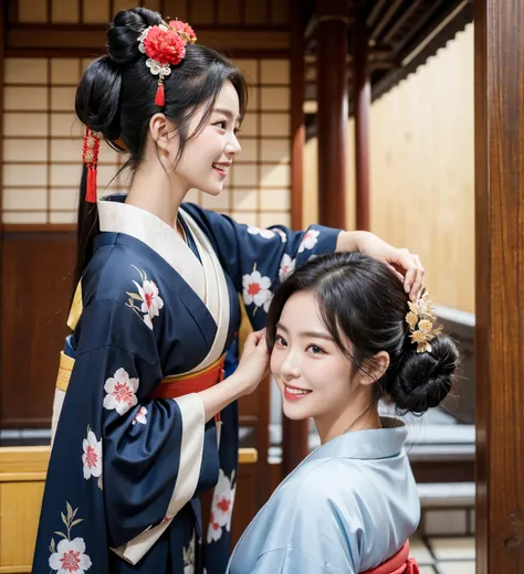  high res, accurate,  high detail,  high definition model ,  long hair,  black hair, Tying up hair,  bun hair,  open your mouth slightly ,  smiles,  back view、
   kimono、 Japanese woman holding breasts、Japanese style、Old-fashioned Japanese-style building 、...