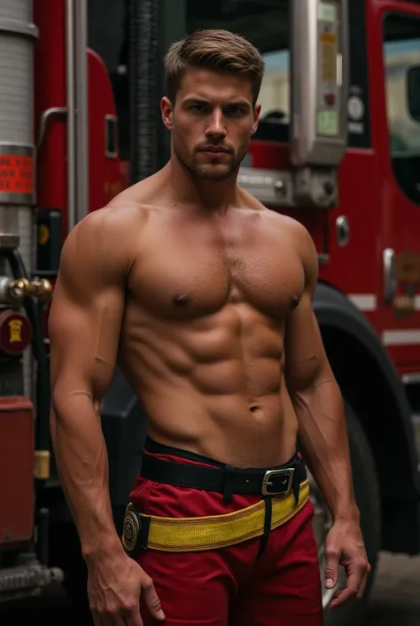  A super attractive and extremely handsome man, Dressed as a firefighter.