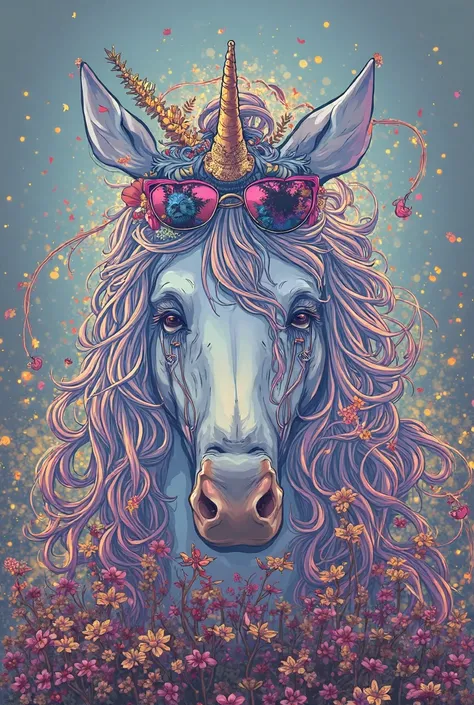 Generate :  I want to see a unicorn with a hippie-style look  ( round sunglasses ,  long hair),  it also has to have a musical organ and a ukulele.  The unicorn has to look incredible and not  , a mature image 
