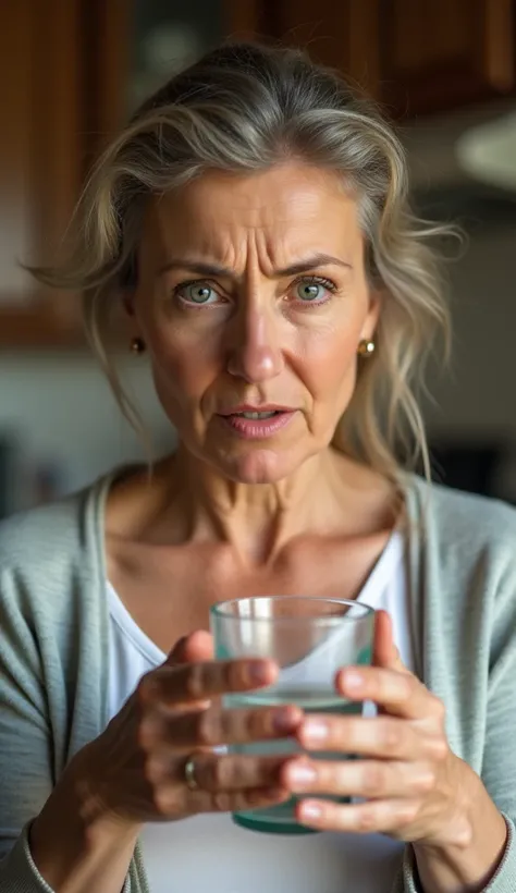 A close-up of a middle-aged woman holding a simple glass cup in both hands, looking at it with a mix of confusion and shock. Her expression is tense, and her eyes are wide, as if she just realized something strange. The background is softly blurred, showin...