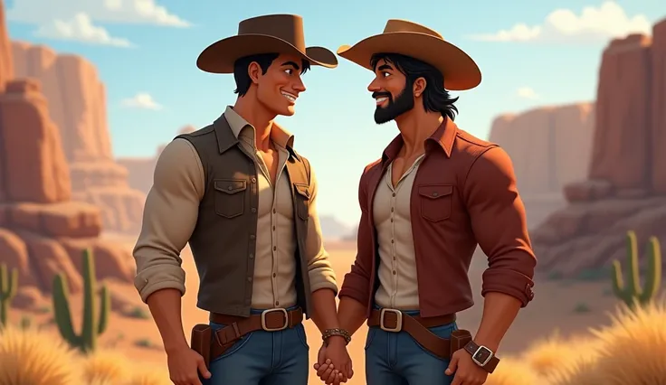 Two cowboys holding hands one has a black hair and the other has a brown hair both are jacked , full body image and 8k    ultra HD quality realistic image , smiling and telling , please add full body 