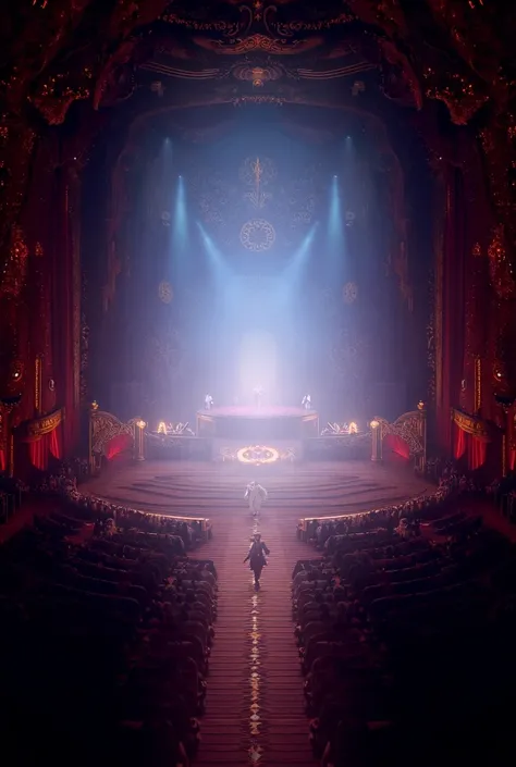 One stage for a magician and some audience seat in chair in front of stage. Full view