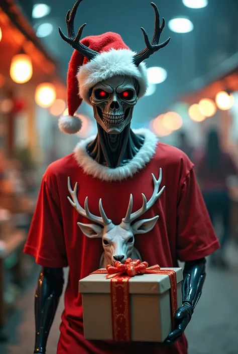  Illusion cyberborg zombie wearing santa clous shirt   .  Gift box image  .  Ramadhan bazaar walk around sepang international circuit .  Wearing santas clous hat  .  There is a sado bodied white deer standing behind like a spirit guardian.  Synthematic pic...