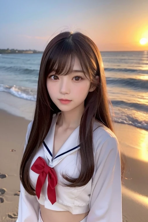  a Japanese woman who looks like an idol  , long hair , straight hair , Round face , bust up ,  sailor suit  ,  as pictured  , Golden sand beach at sunset 