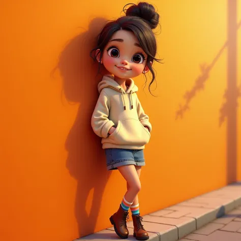 Create a realistic-style image of a teen girl, leaning casually against a vibrant orange wall. She is dressed in a cream-colored hoodie and a denim skirt, paired with ankle boots and colorful striped socks. Her messy bun and confident smirk radiate youthfu...