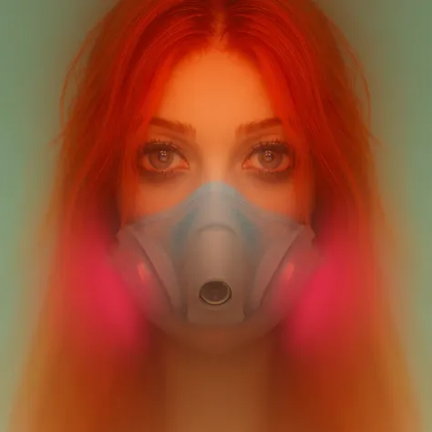  young woman , slanted brown eyes,  yellow skin ,  light makeup , long orange red hair parted in half and wavy .  Using a personalized chemical mask with large pink respiratory filters