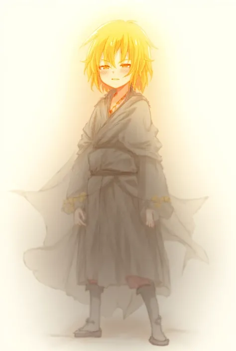 Golden-haired anime, swordsman costume, veil behind the back, funny, hilarious, funny, honest, serious, unlike when not fighting, ask for a simple drawn costume.