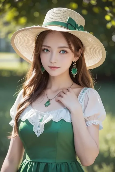  top quality ,   Professional Lighting ,  natural light,  super detailed ,  realistic ,  beautiful detailed eyes, fairytale scene, holy.St Patricks Day , 1 girl, 18,Cute, blue-white skin,  green eyes,  ginger hair, compensate,  earrings for women with firs...