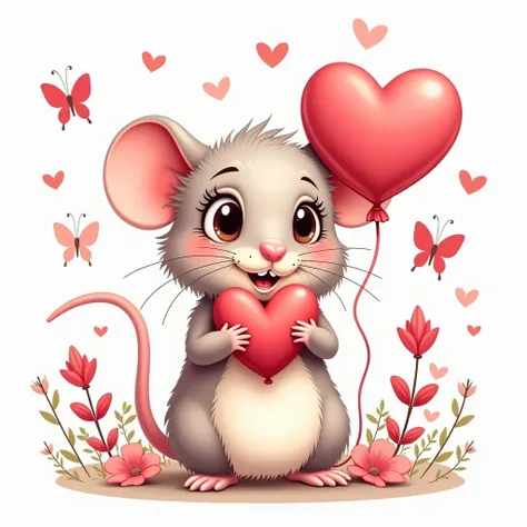 A cute rat holding a love shape balloon Clipart, valentine vibe, cute eyes, smiley face, butterflies all around and flowers, cute and adorable, highly detailed, outline, on white background, 