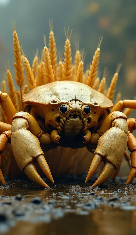 "In a dark, murky coastal marshland, a monstrous hybrid known as the ""Wheatcrab"" emerges, combining the formidable traits of a giant crab and the essence of wheat. This creature boasts a robust, armored body with a glossy shell that shimmers in sandy bei...