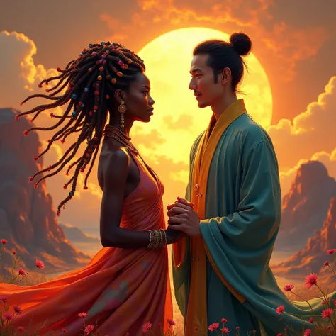 Create an image for The Union of Flame and Harmony." Using this
Image Description: 
The scene is set in a vibrant, mystical landscape where elements of fire and serenity coexist. In the foreground, a dark-skinned African woman stands confidently, her hair ...