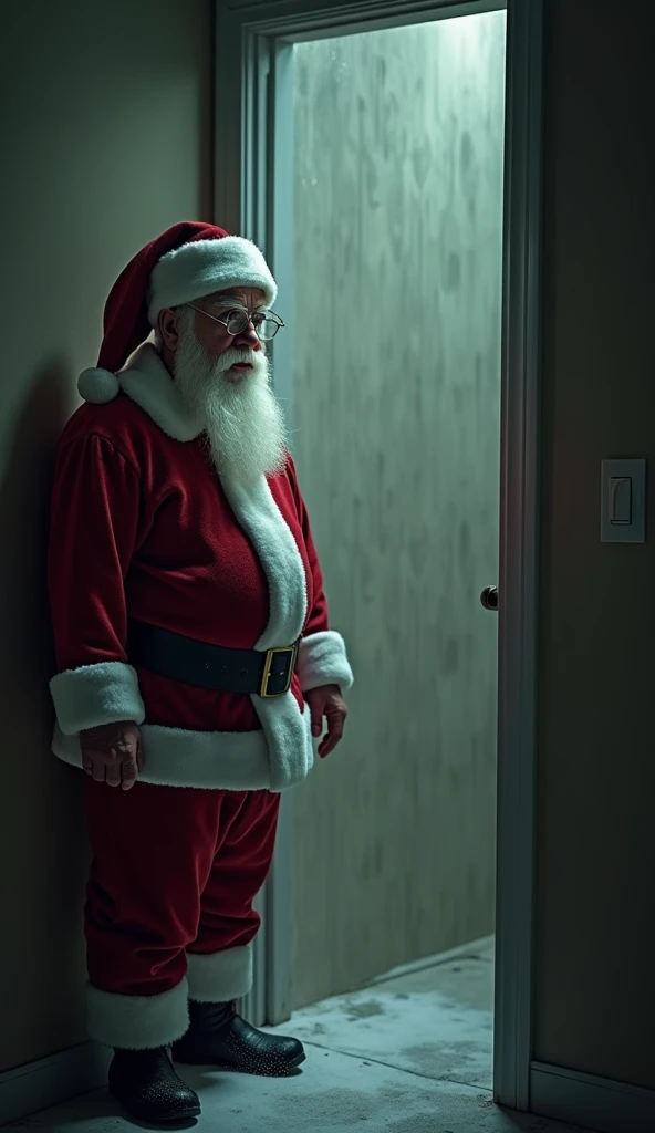 "Santa Claus with a confused expression, standing near a bathroom door, listening for water sounds but hearing nothing."