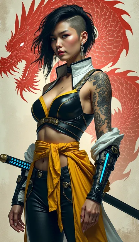 A fierce, stylish warrior woman with a modern samurai aesthetic, featuring short black hair swept to one side punk style partially shaved, adorned with intricate tattoos on her arm and shoulder. She wears a dynamic outfit in white, black, yellow, and blue,...