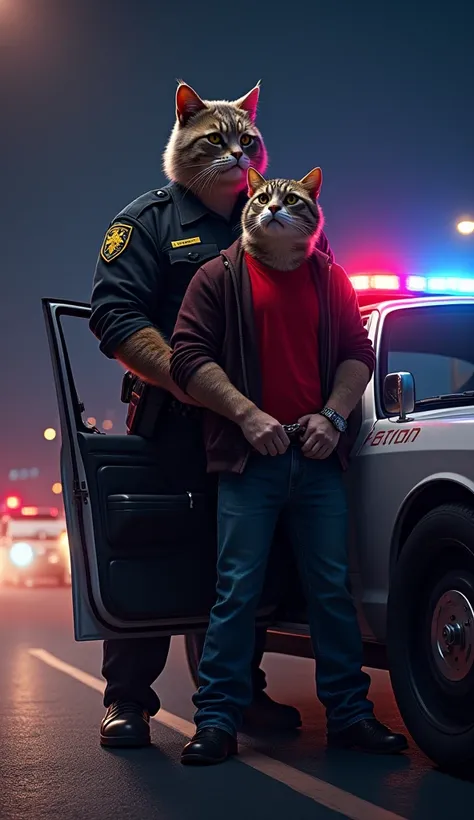 A big muscular cat policeman stands at the door of a patrol car wearing a complete uniform with a weapon, carrying a big muscular cat wearing a red t-shirt, black jacket, black jeans, black shoes, his hands are handcuffed, he is taken towards the police ca...