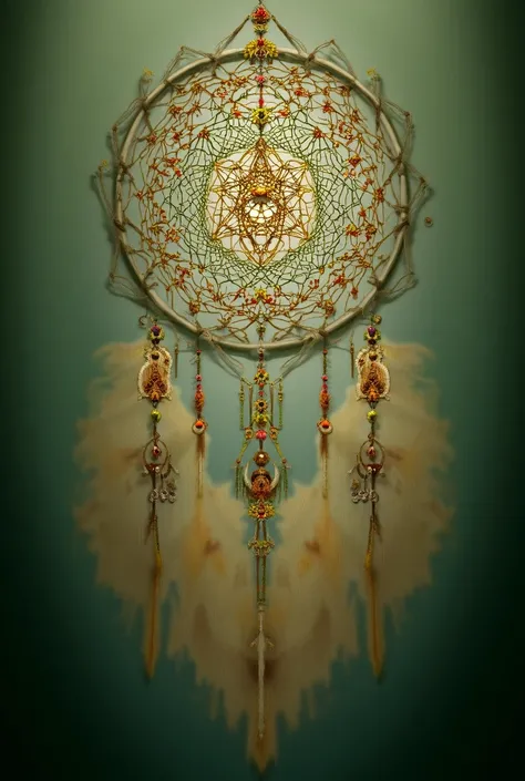 An intricate dreamcatcher with feathers, beads, and hanging details