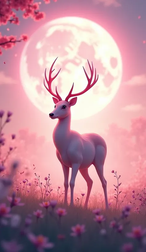 A graceful deer standing in a meadow bathed in the soft glow of a pink moon, cherry blossom petals gently drifting through the air around it.