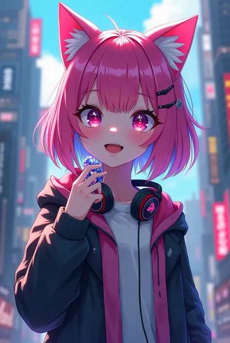  1 girl, Alone,  high res, Multi-colored hair,   undercut , cat ears,   crystal ring ,  blanking in the heart of the city, compensate,  headphones,  open mouse,  full body character sheet , big ,  lonely smile ,  pink hair, 