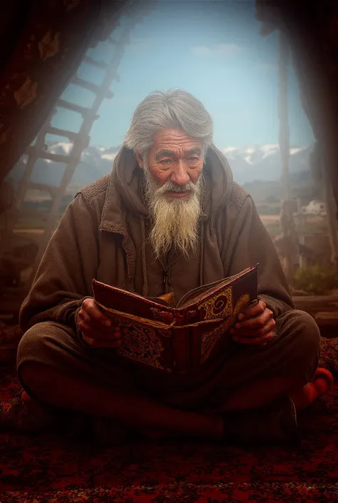 Mongolian person reading ancient book