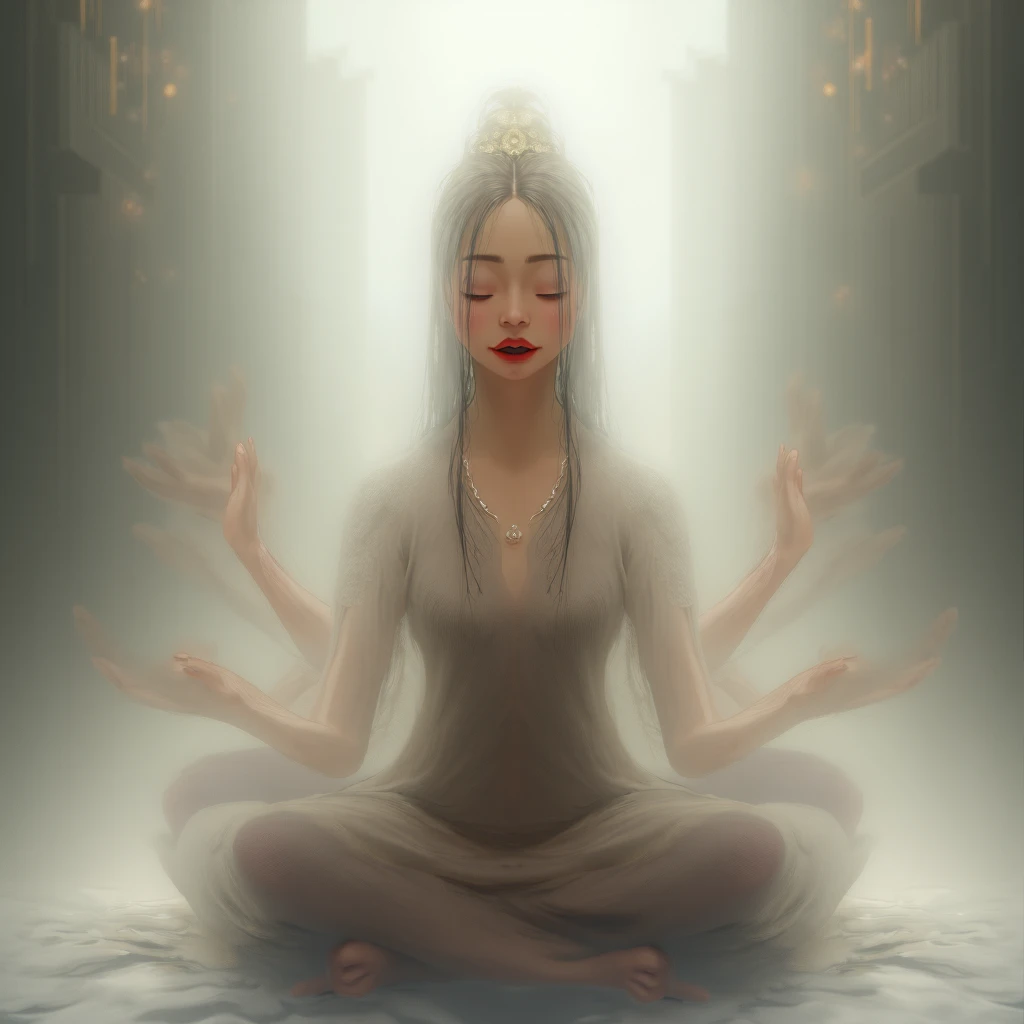 a girl in meditation she has 6 hands modern western setting