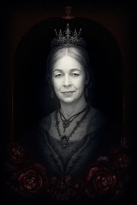 A detailed and haunting illustration of Queen Victoria reimagined as a gothic monarch. Her visage, pale and stern, is framed by a delicate yet thorn-covered camafeu with intricate baroque engravings. Her dark eyes reflect melancholy, and her expression is ...