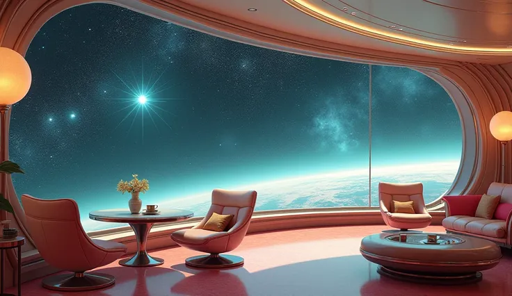 A retro-style scene titled Starlight Dreams, featuring the view from a futuristic spaceships observation deck. The interior has a 1950s-inspired design with smooth chrome finishes, pastel-colored furniture, and soft ambient lighting. Outside the large, cur...