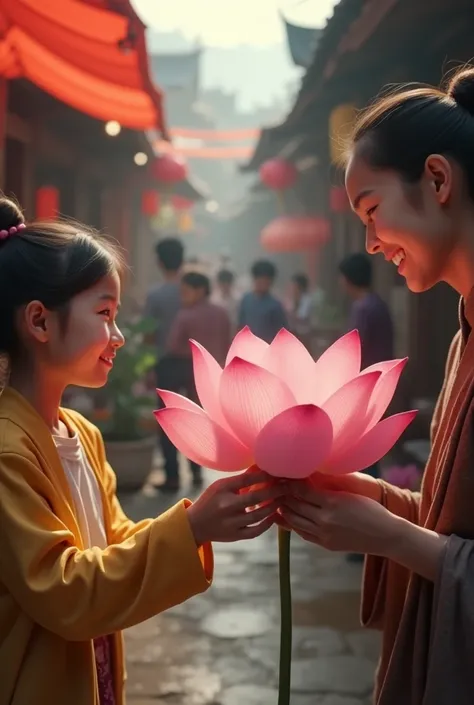 use write Colors and create an altra-HD 4K Quality Highly realstic cinematic scene of " giving a lotus flower to a  ( or boy) in the market.