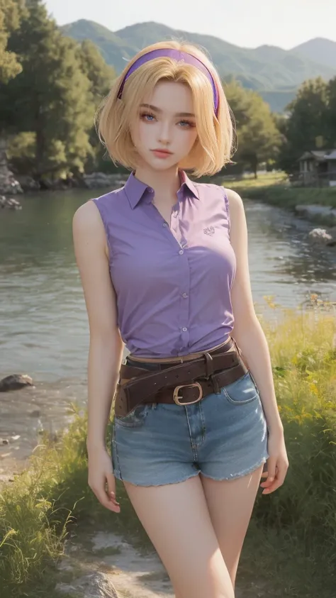 1 woman, mature woman, solo, NOT DASHA TARAN, full body standing, perfect body, best quality, 32k, photograph, full body (head to toe), tone mapping, ((houjou satoko,short hair,black hairband,blonde hair,violet eyes,hair between eyes,collared shirt,sleevel...