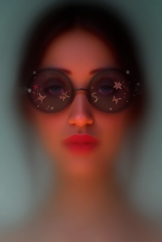 The model is wearing glass sunglasses with stars and the moon on the glass