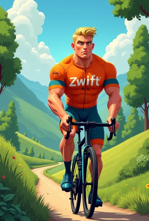 Cartoon of a muscular cyclist named Dirk riding nature with the name of the sponsor, Zwift NL on his orange shirt