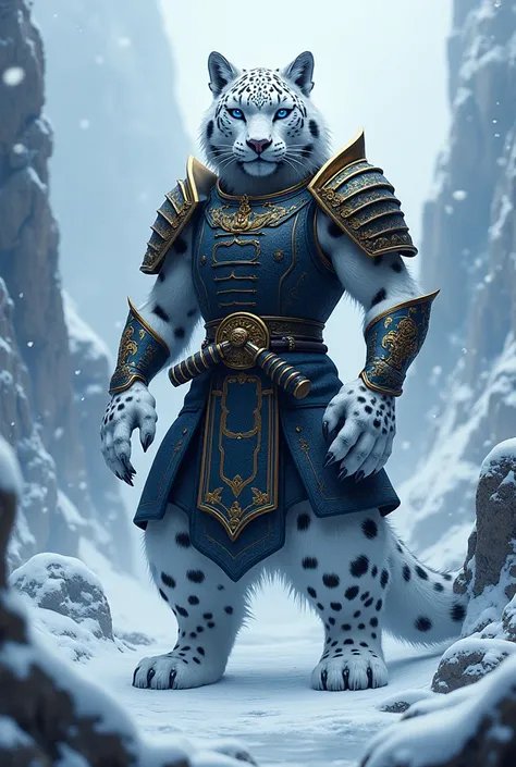 Create a high-quality digital artwork of a majestic hybrid creature that fuses the noble traits of a samurai and the power of a snow leopard. The hybrid stands tall in a frozen mountain pass, embodying both human and animal elements. Its upper body is huma...