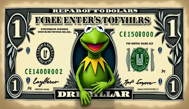 ticket (money/dollar) illustrated, with the Kermit Marionette seal as the central symbol