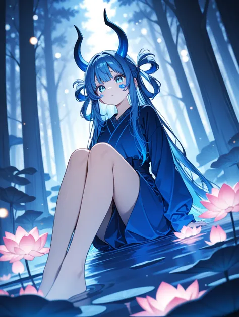   Dynamic Angle ,  1 girl, Alone,Blue Demon,Sit on a lotus, compensate, hair ring, Horn,Sapphire Eyes, beautiful eyes,  bright color,  focus on the face, ,  Forest in the background, Bokeh,Eternal Moonlight Lighting,

,masterpiece, top quality ,up to date,