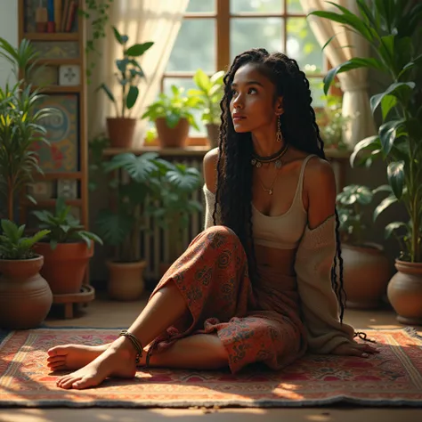 Create a realistic-style image of a modern bohemian artist, lounging on a vintage rug in a cozy studio surrounded by plants. She is dressed in a patterned maxi skirt, a cropped sweater, and barefoot with layered anklets. Her long, braided hair and thoughtf...