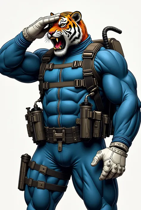 (A rugged beefy extremely muscular bulky old man), (wearing blue fullbody zipper wetsuit), (wearing realistic roaring tiger mask), saluting, wearing bulky combat harness, wearing bulky scuba gear, muscular physique, toned muscles, fierce, heroic, action, c...