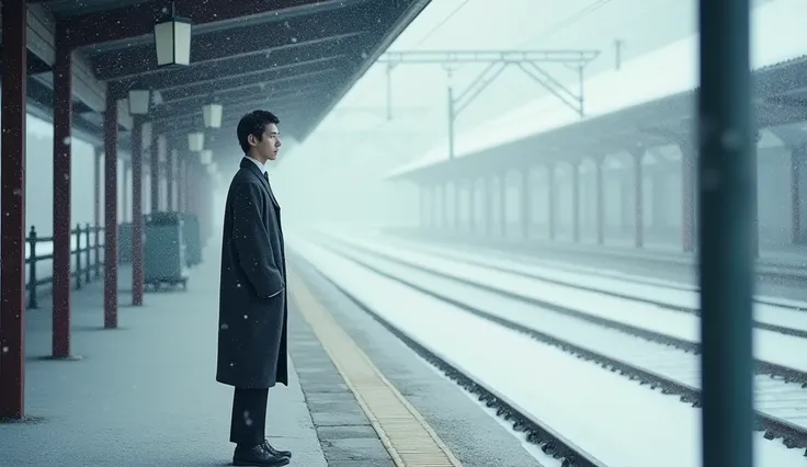 A young, handsome Japanese man standing alone on an empty train platform, waiting for the train as powder snow falls around him.