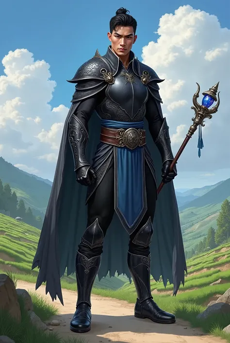 In RPG style, in style of Dungeons & Dragons, in style of fantasy painting. Full body view, looking at the viewer. Image of an asian  male mage holding metal quarterstaff with small crystal on top.Tight black blue cloth armor with dark grey cape, black pan...