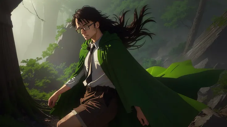 Boy、、brown shorts、big round glasses、adventurer、、、、head down、lose、guilty、despondency、sad、repression、guilt、betrayal、chill、hurt、make up for、forgive、rounded glasses、green cape、full body、brown coat、white shirt、green tie、brown shorts、black boots、dynamic pose、1 p...