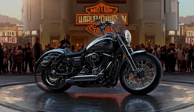 A captivating and dynamic scene of a shiny 2025 Harley Davidson Fat Bob, painted in a striking silver color. The motorcycle is prominently displayed on a rotating platform outside a massive Harley Davidson dealership, with the iconic Harley logo illuminati...