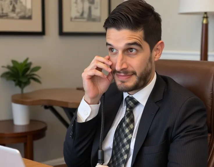 a photo of adrianm, (adrianm:1.5) wearing a suit working having phone calls, at his office