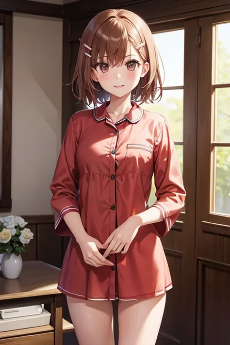 misaka mikoto、 shiny hair,  short hair, ( beautiful brown eyes、)、smile、 super detailed eyes、((hair clip)), very detailed face,  very detailed eyes,cowboy shot,、( One Girl )、 ,


masterpiece,  top quality ,  high res, ,  short hair, hair clip,  clevis on a ...