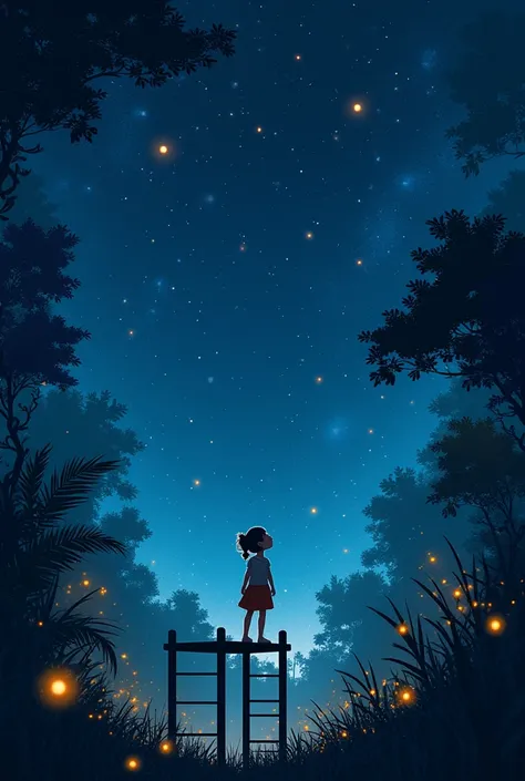 A girl stands on a jungle gym and looks up at the starry sky