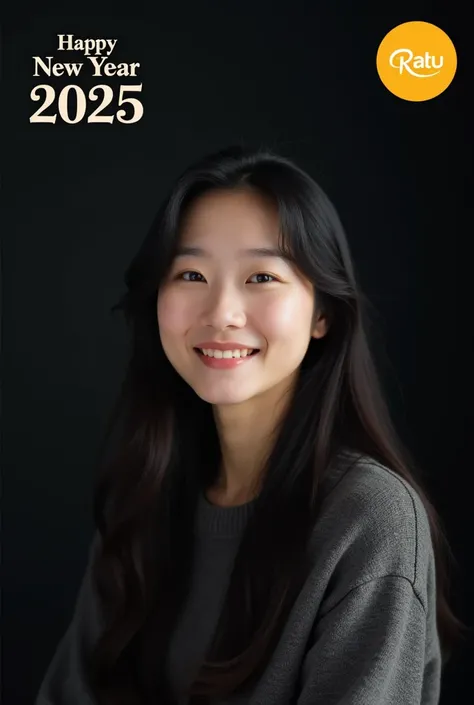 

1.  Background :
Photo background in plain old black ,  giving a warm and natural feel .  In the upper left corner there is text  "happy new year 2025 "  with white embossed letters 


2 . Photo subject :
Poto Seorang wanita Korea : Rambut hitam panjang ...